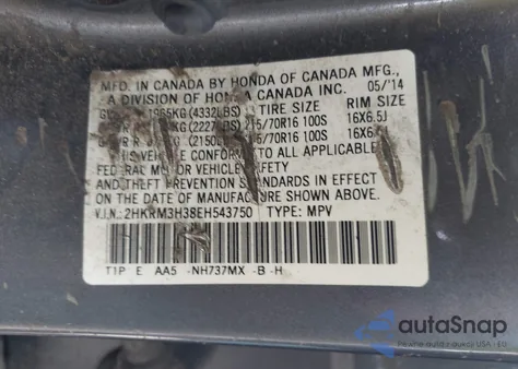 2014 Honda Cr-V Lx из США, поврежденный, VIN 2HKRM3H38EH543750